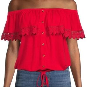 No Boundaries Off the Shoulder Red Button Top